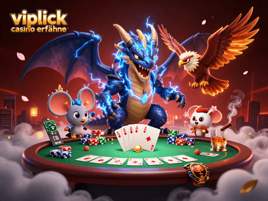 Erleben Sie spannende VIPLuck Casino Erfahrungen mit einem mächtigen Drachen und Glücksspiel-Elementen.