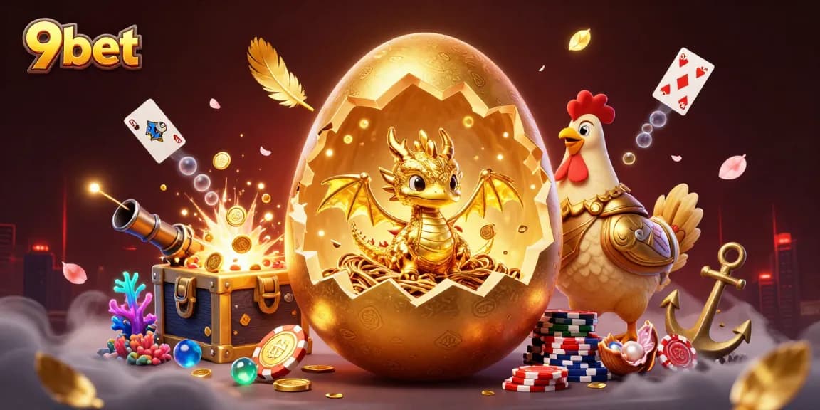 9bet showcases an epic 3D casino scene with a golden egg dragon and poker chips.