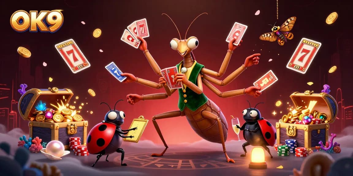 Experience thrilling gaming at OK9 with a vibrant scene of colorful slot games and engaging characters.