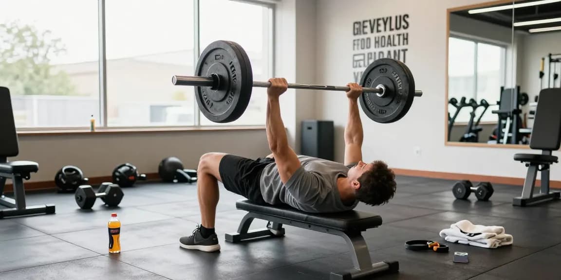 Steroidshop: Bodybuilder beim Bankdrücken im modernen Fitnessstudio mit natürlichem Licht.