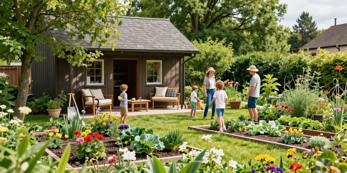 Familie genießt Zeit im Garten neben ihrem Gartenhaus, umgeben von Blumen und Gemüsebeeten.