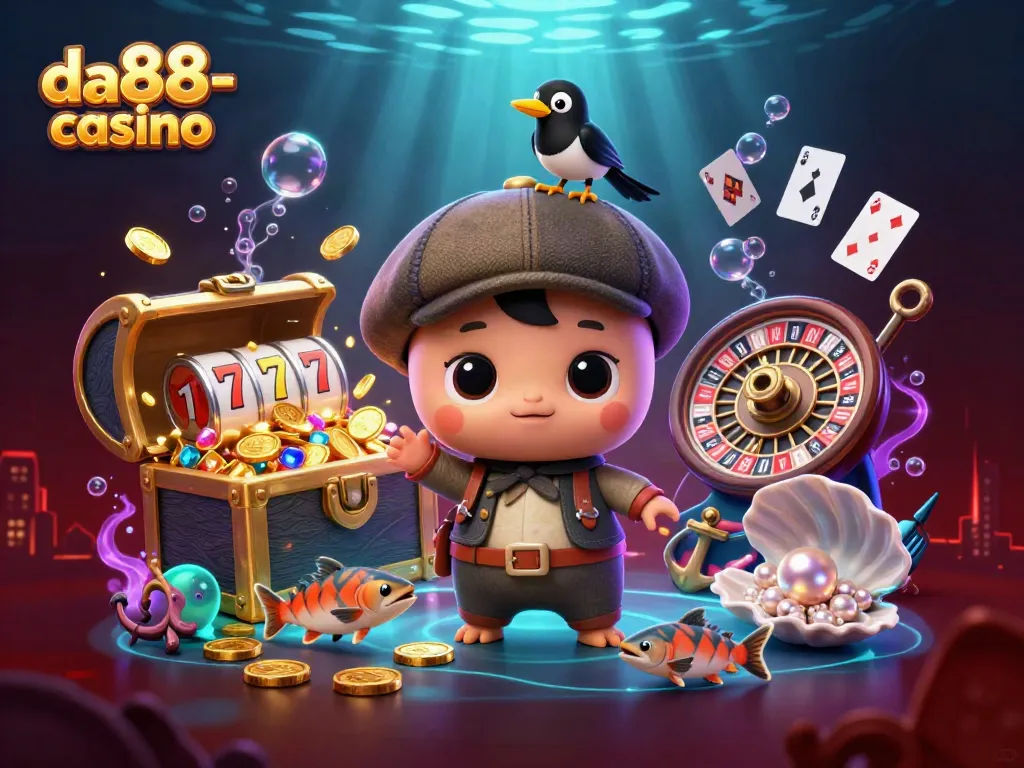 Cute Nessie in a tam o'shanter hat gambles at da88-casino, surrounded by gold and game elements.