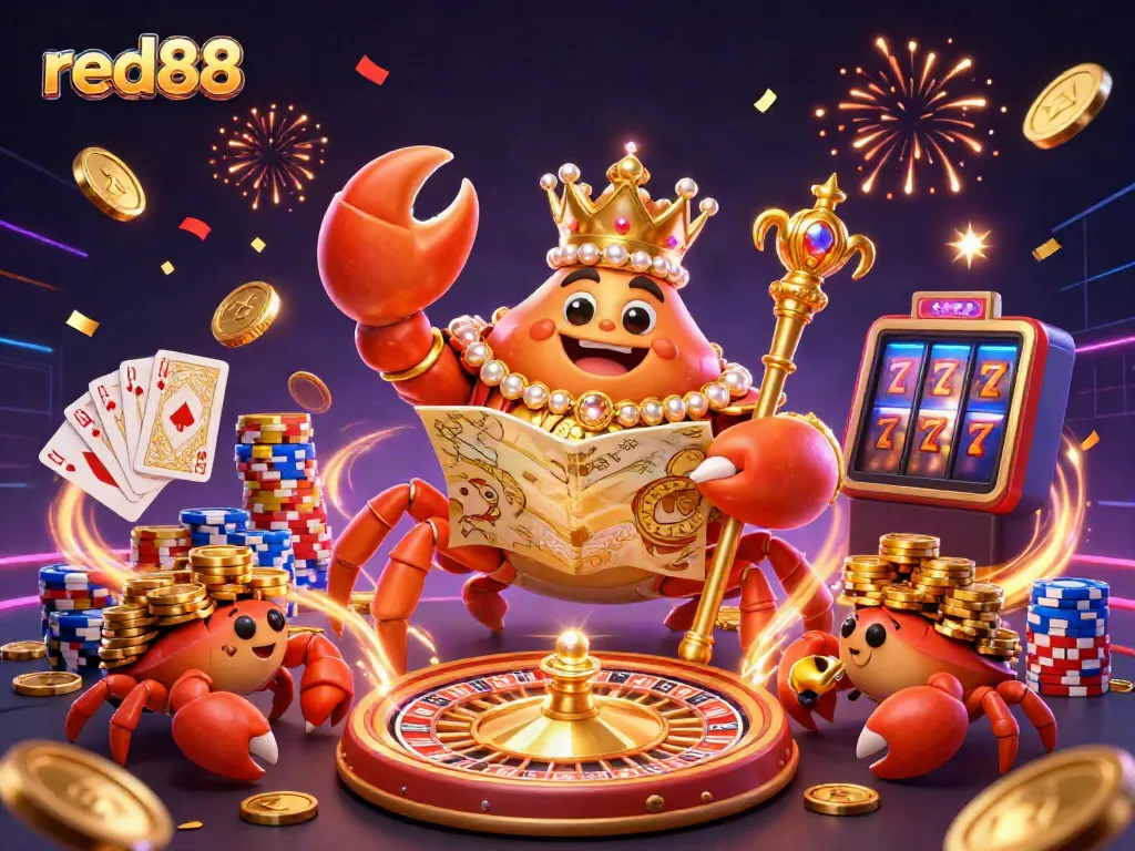 Experience the flashy world of red88, with a golden crab emperor amidst a cascade of coins and a spinning roulette wheel.