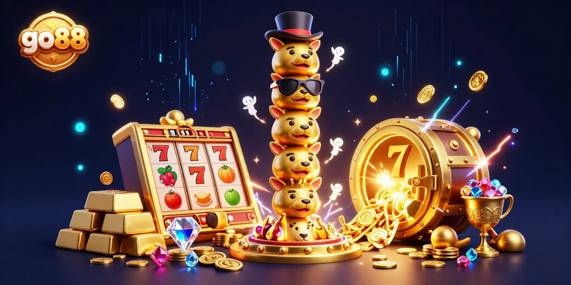 Play at go88 featuring a vibrant 3D illustration of a golden totem pole and slots bursting with treasures.