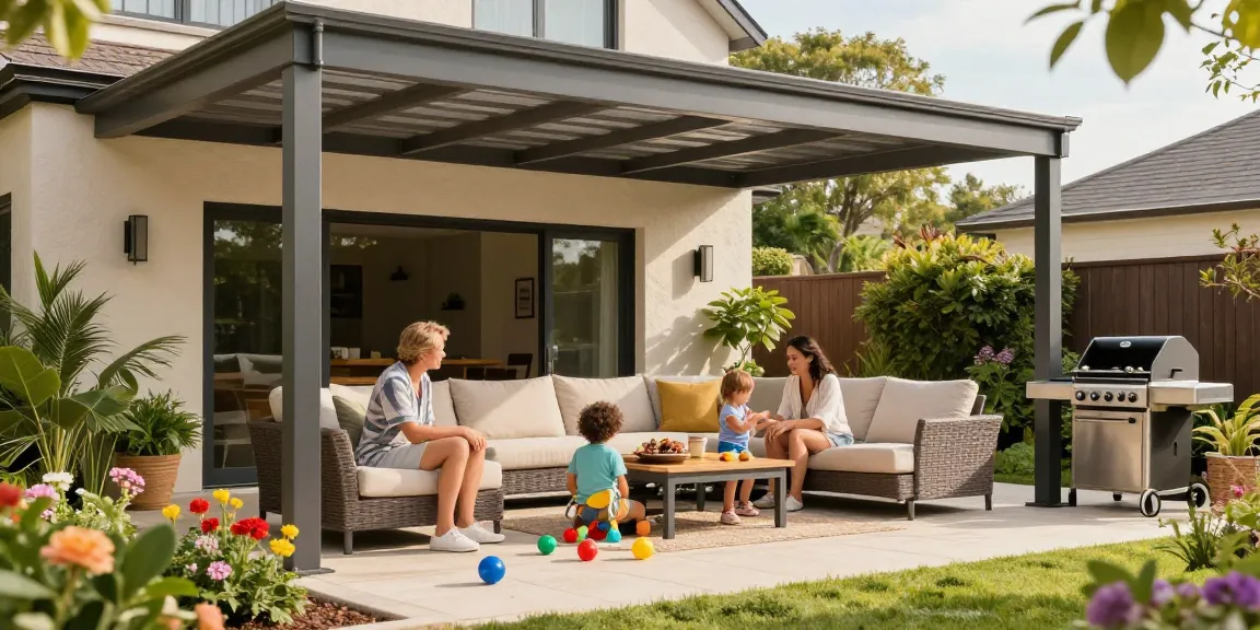 Familie genießt ihre Terrasse unter der modernen Terrassenüberdachung, während sie Zeit miteinander verbringen.