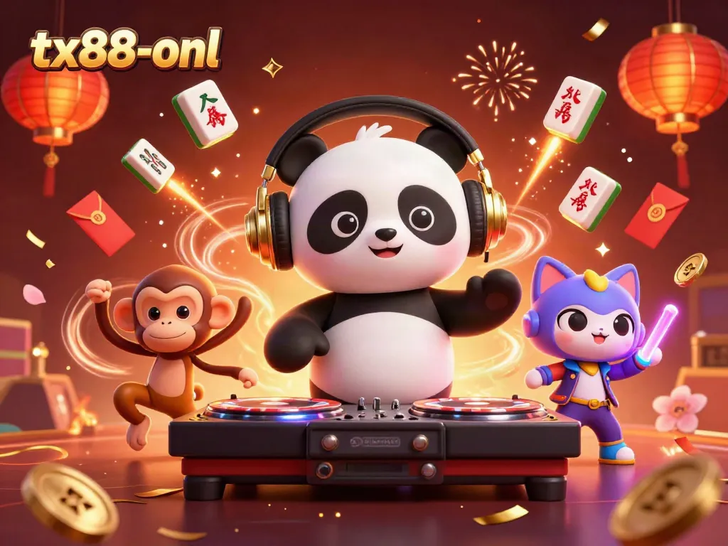 Engage in vibrant casino action with tx88-onl featuring DJ panda, breakdancing monkey, and glowing kitten.
