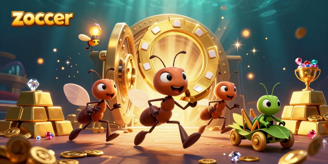 Zoccer-themed illustration of ants stealing a giant poker chip in a rich casino heist, showcasing vibrant gaming elements.