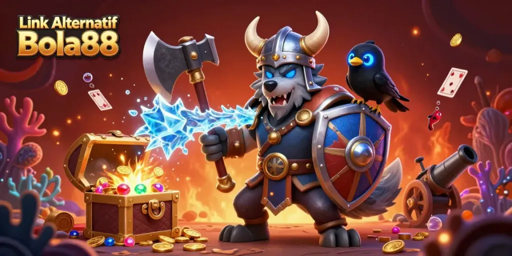 Engage with Link Alternatif Bola88 through dynamic gaming visuals featuring Viking warrior and dragon.
