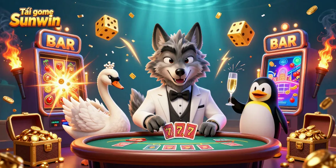 Tải game Sunwin effortlessly with a vibrant illustration showcasing casino elements and characters.