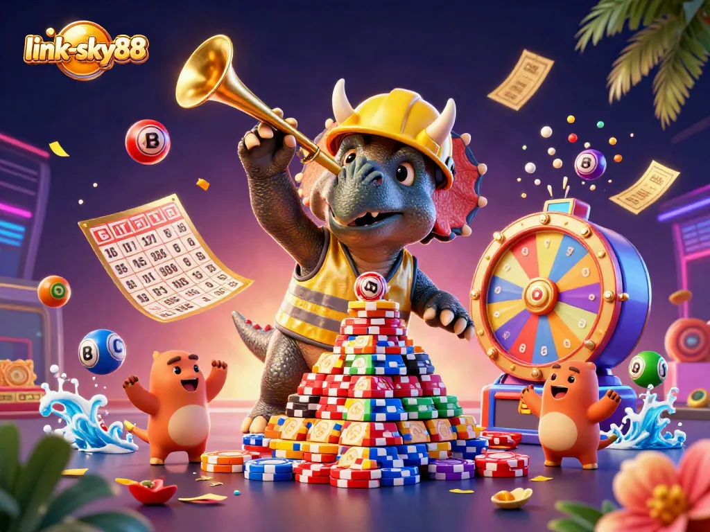 Experience dynamic action at link-sky88 with colorful lottery balls and cheerful characters celebrating wins!