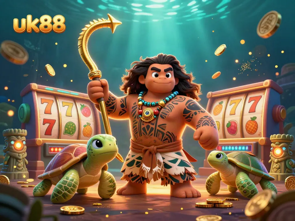 Engage with the exciting world of uk88 featuring a vibrant 3D illustration of a demigod and turtle amidst slot reels and golden rewards.