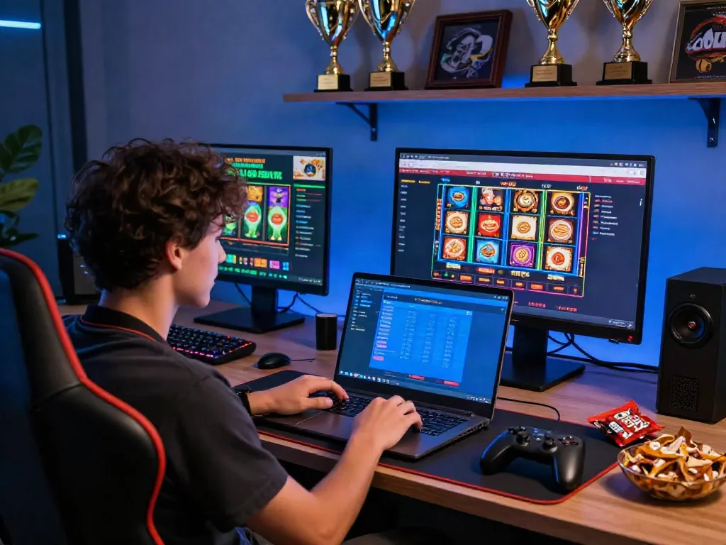 Engaging scene of a user on DA88 gaming platform, showcasing vibrant slot games and promotional banners in a cozy environment.