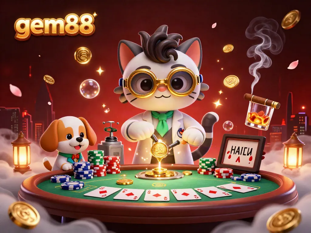 Engaging scene showcasing gem88's 3D cartoon characters in a lively casino setting with poker elements and golden sparkles.