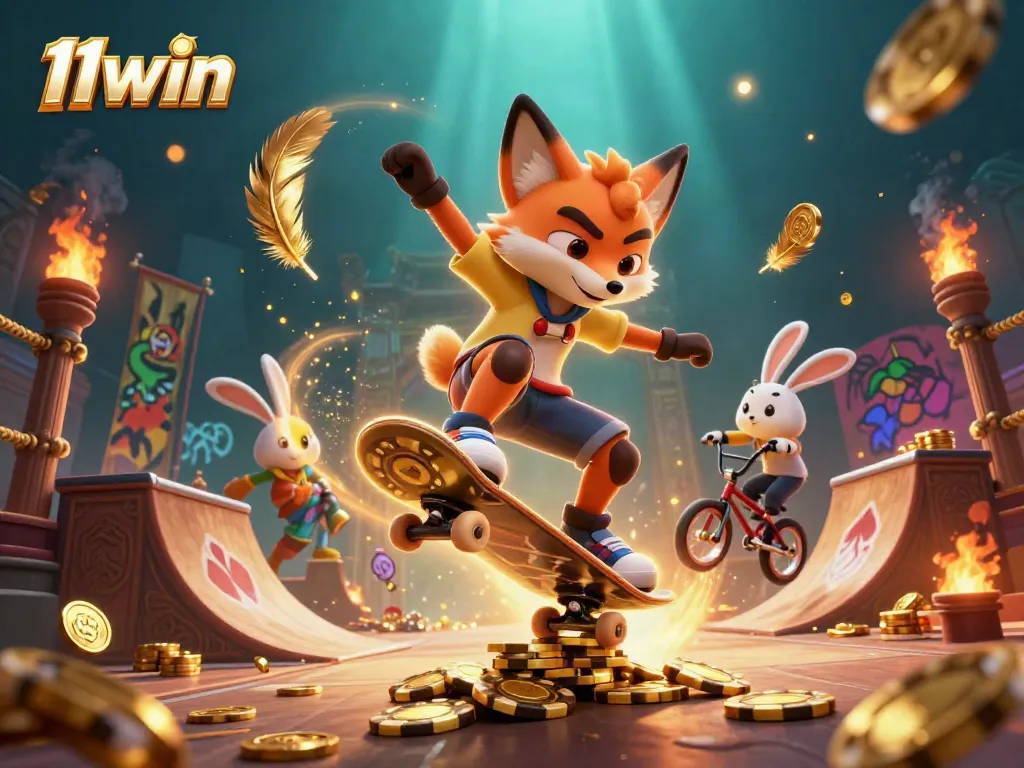 11win showcases a 3D cartoon skateboarder fox and BMX rabbit amidst casino-themed festivities, illustrating gaming excitement.