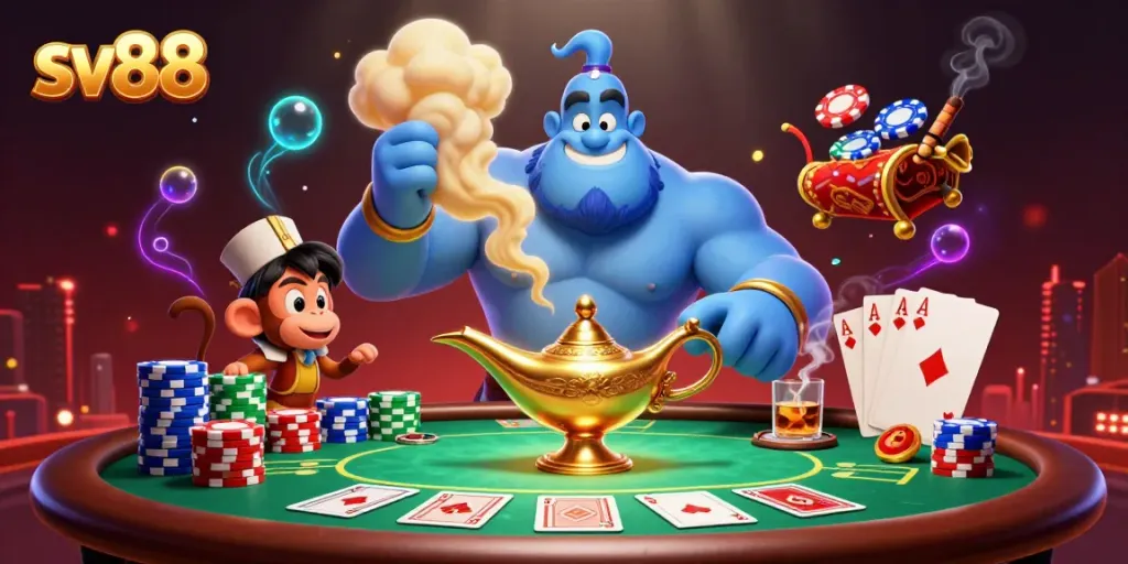 Experience the thrill of sv88 with a genie, poker chips, and a festive magic carpet.