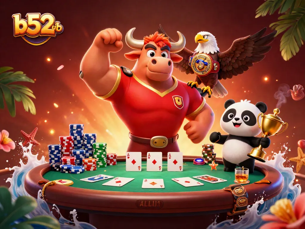 Join the excitement of b52club as a bull mascot celebrates a winning poker hand surrounded by colorful game elements.