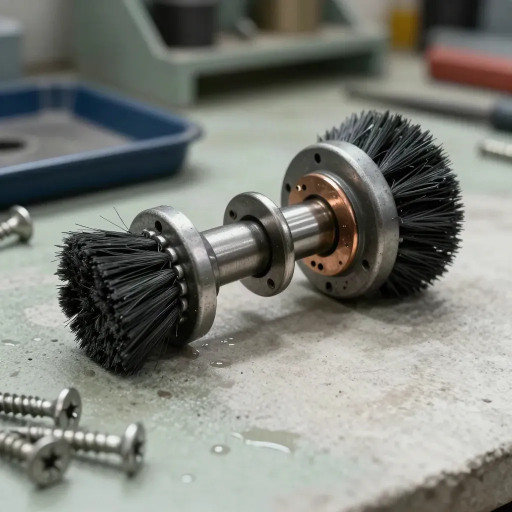 Bosch-Kohlebürsten-Set mit Motorkern, Schrauben und Werkbank nach Regen.