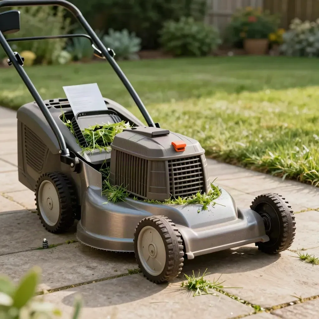Rasenmäherteile im Sommer-Check auf Stein, mit Gras und Gartenlicht.