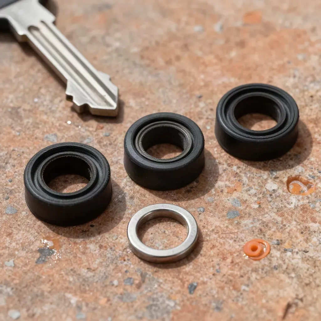 Drei feuchte Gummidichtungen und ein kleiner Metallring auf warmem Stein in Makroansicht