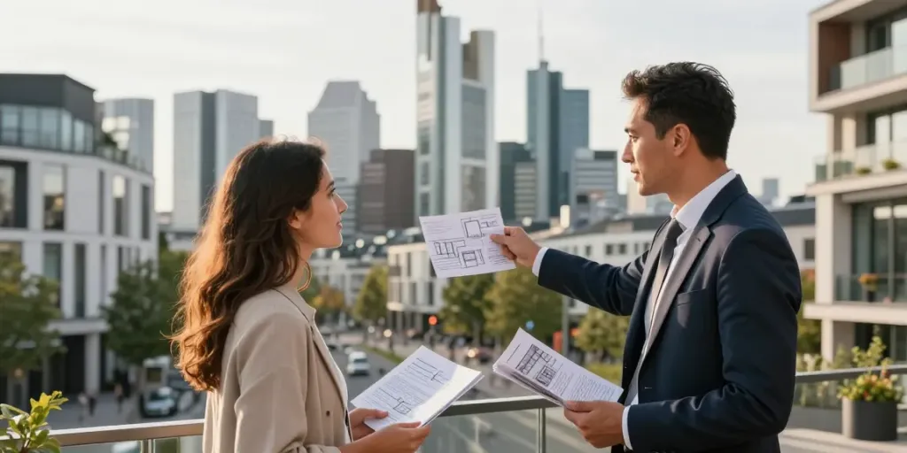 Bester Immobilienmakler Frankfurt berät ein Paar vor modernen Gebäuden in Frankfurt.