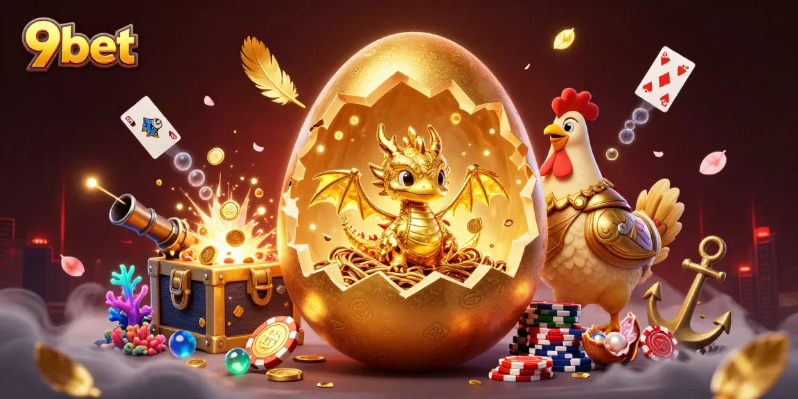 9bet showcases an epic 3D casino scene with a golden egg dragon and poker chips.