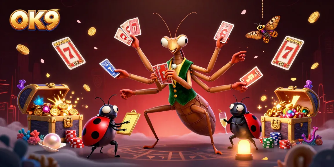 Experience thrilling gaming at OK9 with a vibrant scene of colorful slot games and engaging characters.