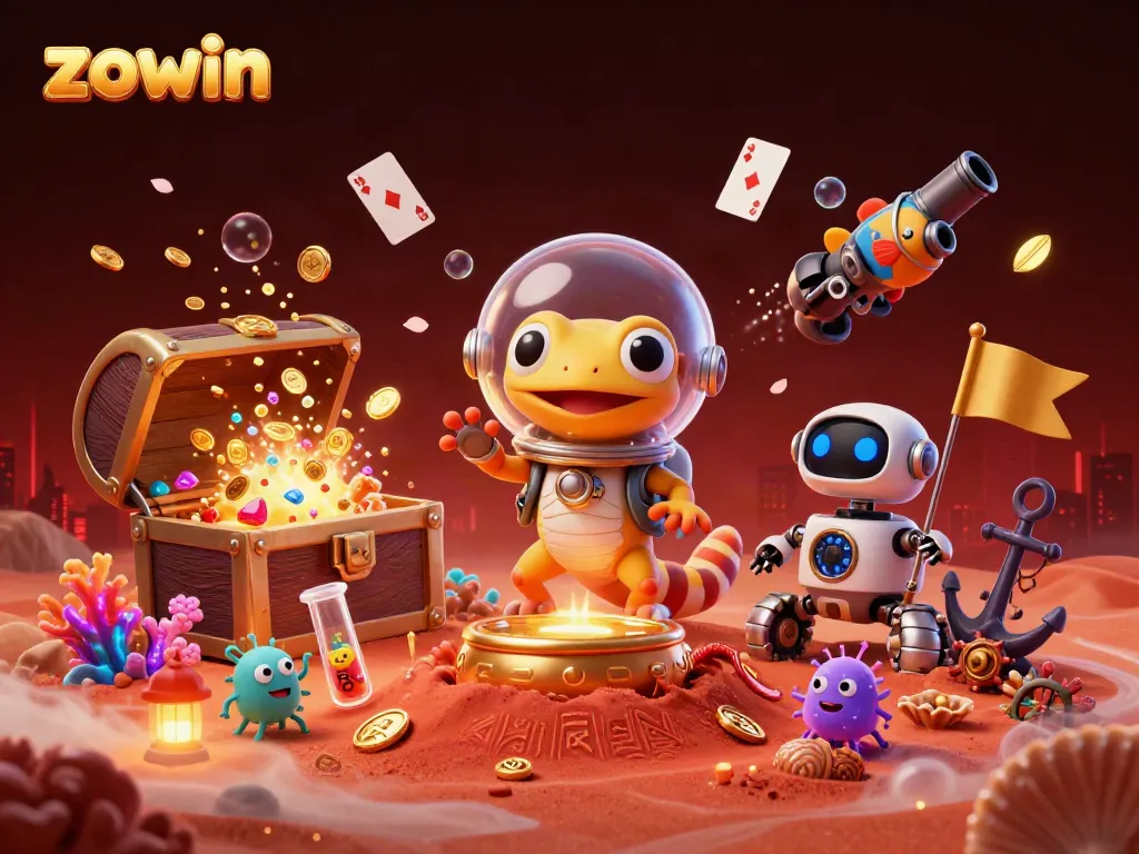 Engage with the exciting casino experience of zowin, featuring a Martian gecko discovering treasure amidst vibrant gambling elements.