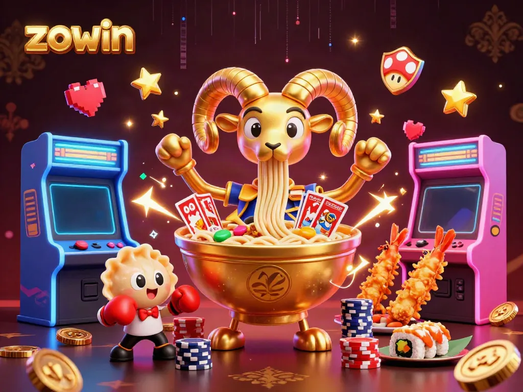 Zowin's vibrant casino illustration showcases a fun digital gaming scene with a ramen bowl dealer and energetic characters.