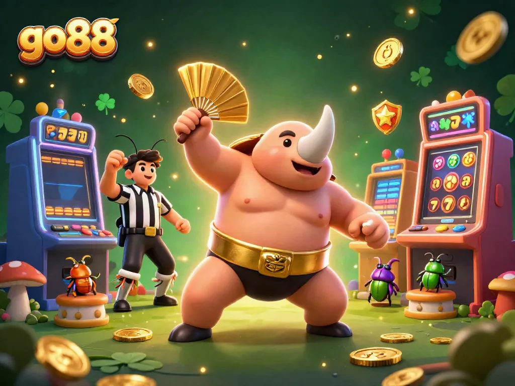 Experience thrilling action at go 88 with vibrant slot machines and an energetic sumo champion scene.
