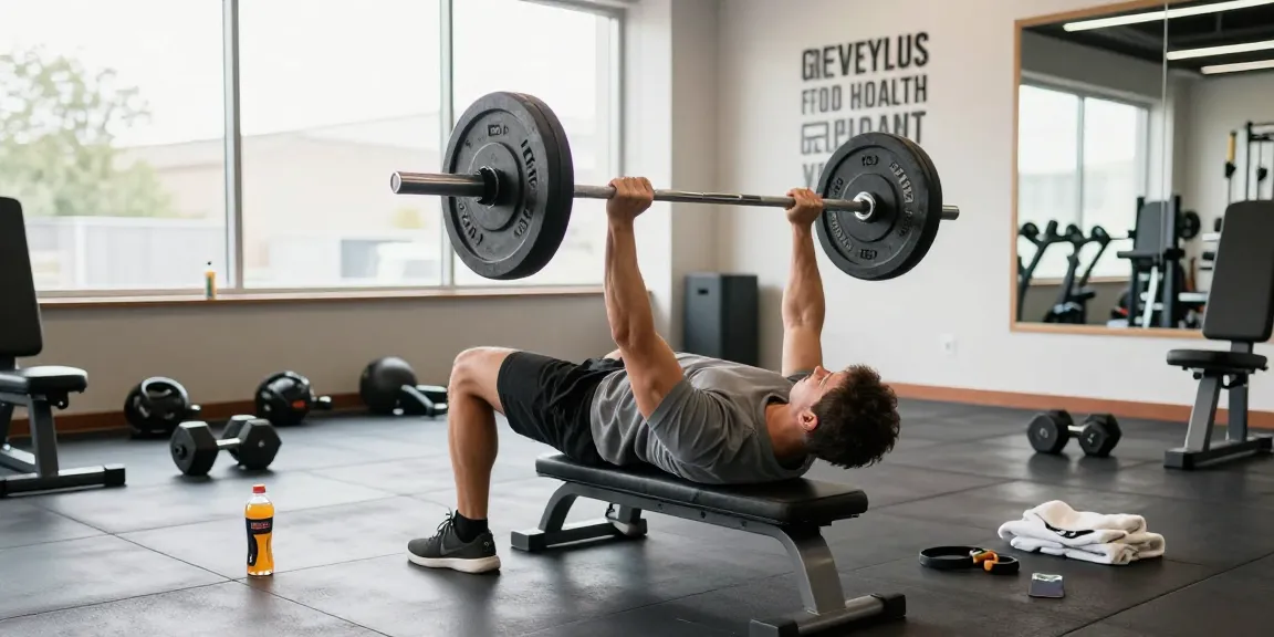 Steroidshop: Bodybuilder beim Bankdrücken im modernen Fitnessstudio mit natürlichem Licht.