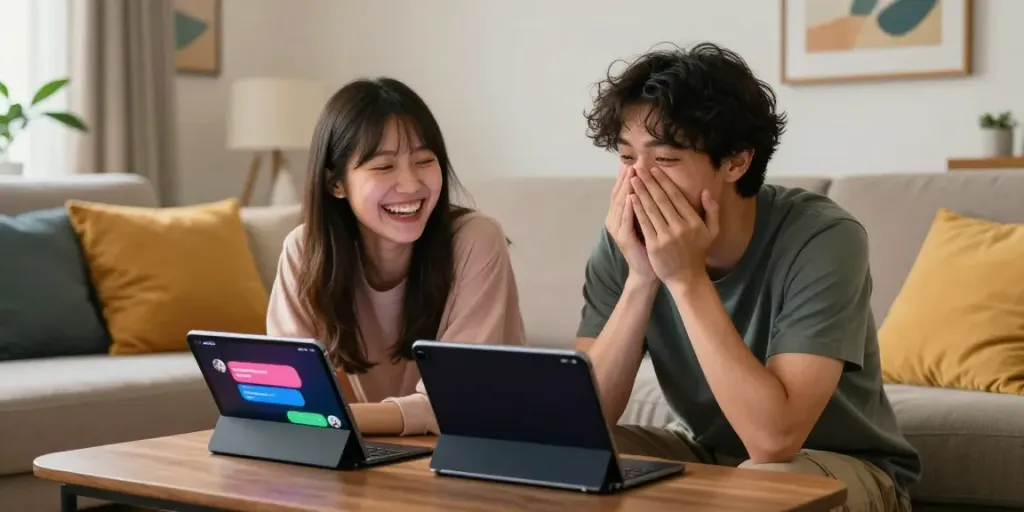 Couple enjoying free ai sex chat in a cozy living room, devices showing playful conversations.
