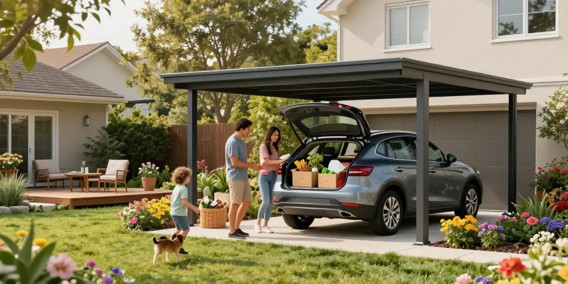 Carport schützt das Auto einer Familie während sie im Garten entspannen und spielen.