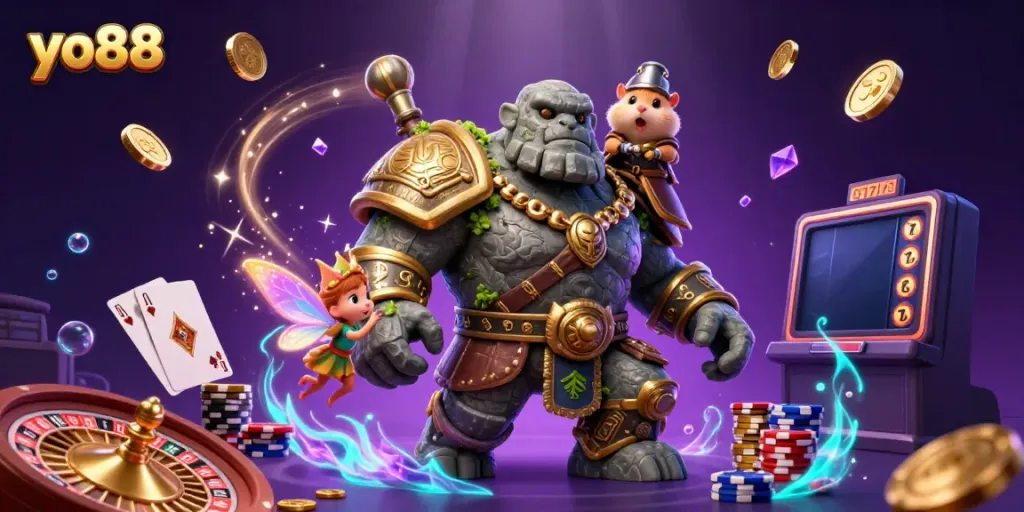 Unleashing magical winnings at yo88 with a golem guardian, fairy, and hamster knight surrounded by casino treasures.