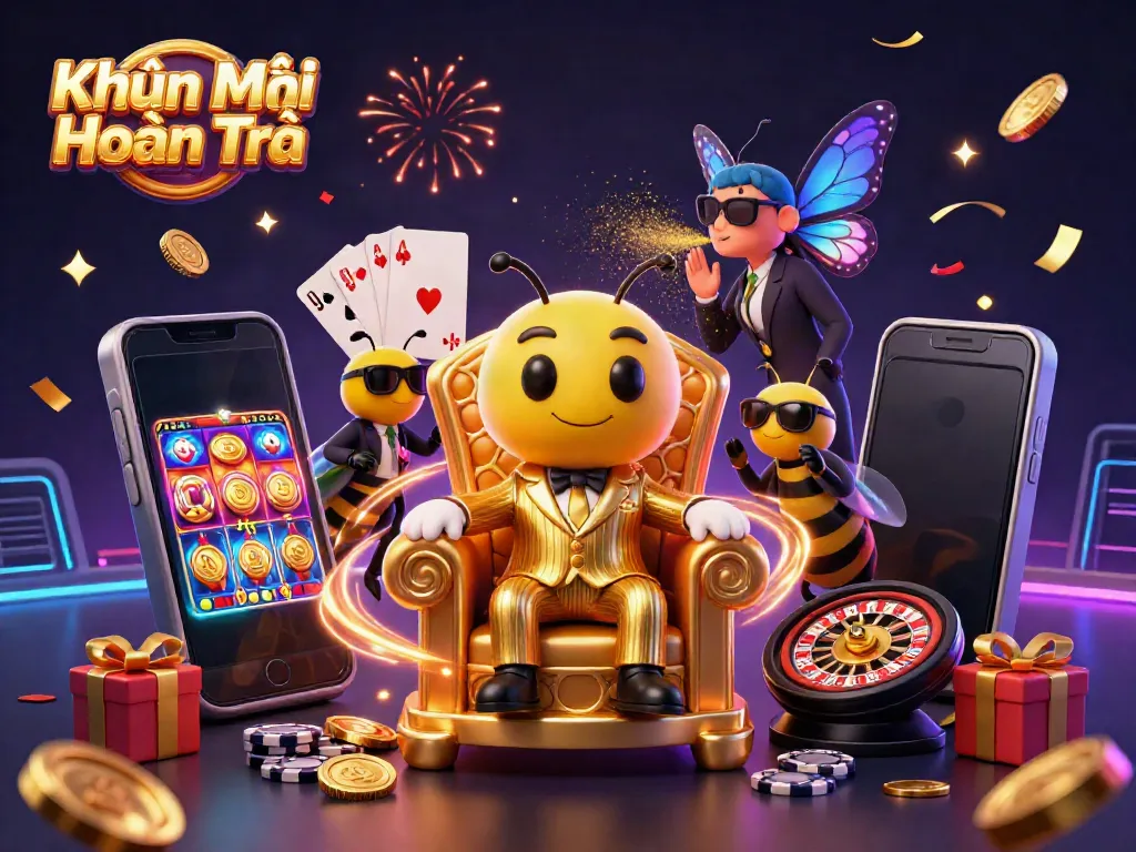 Engage with Khuyến Mãi Hoàn Trả through a vibrant 3D casino scene featuring animated game elements and characters.