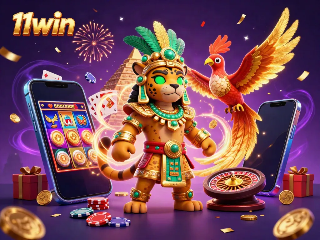 Engage with the vibrant energy of 11win through a dynamic illustration featuring Mayan folklore elements and casino gaming.