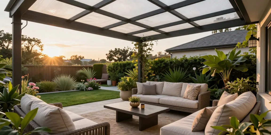 Freistehende Terrassenüberdachung im Gartenbereich mit gemütlichem Lounge-Bereich und entspannter Atmosphäre