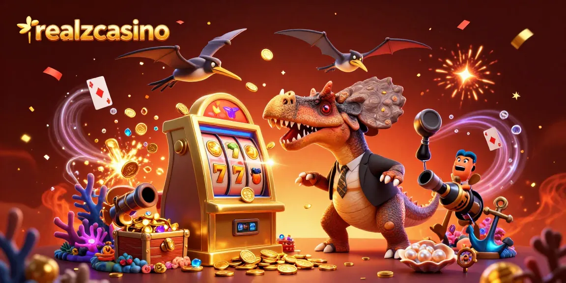realzcasino bietet aufregende Jackpot-Action mit einem Dinosaurier, der an einem Spielautomaten gewinnt.