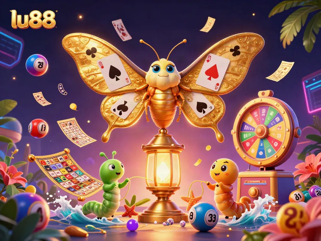Engage with thrilling games at lu88, featuring a vibrant 3D scene of lottery joy and casino excitement.