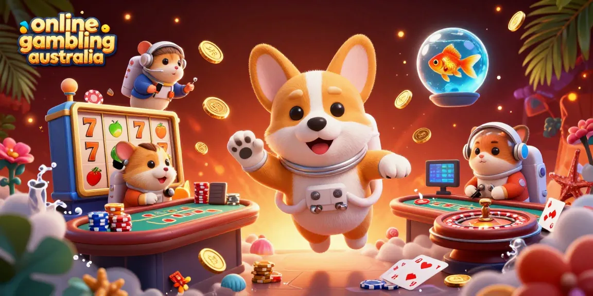 Engage in online gambling Australia with a vibrant 3D space casino scene featuring playful characters.