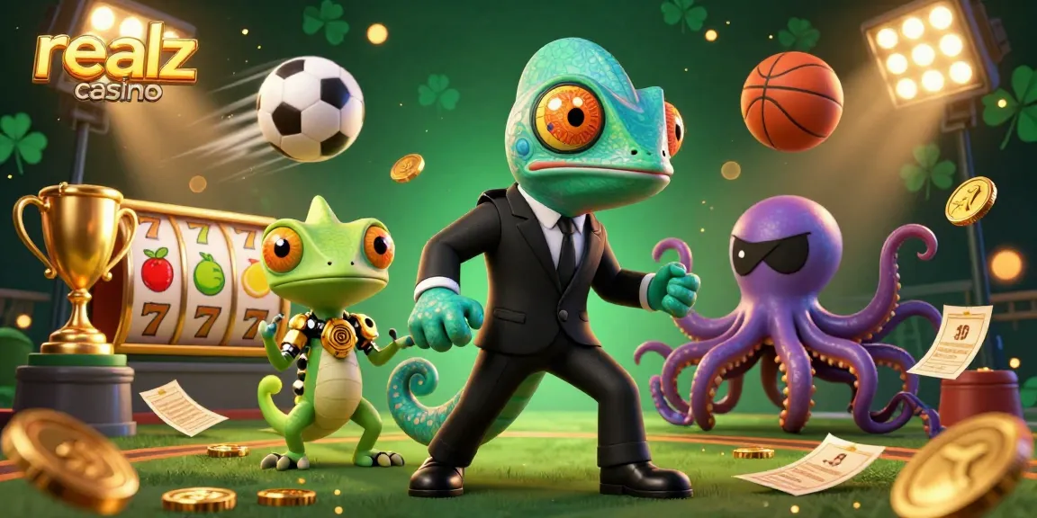 Win big at realz casino with thrilling slot reels and exciting sports elements in a vibrant 3D scene.